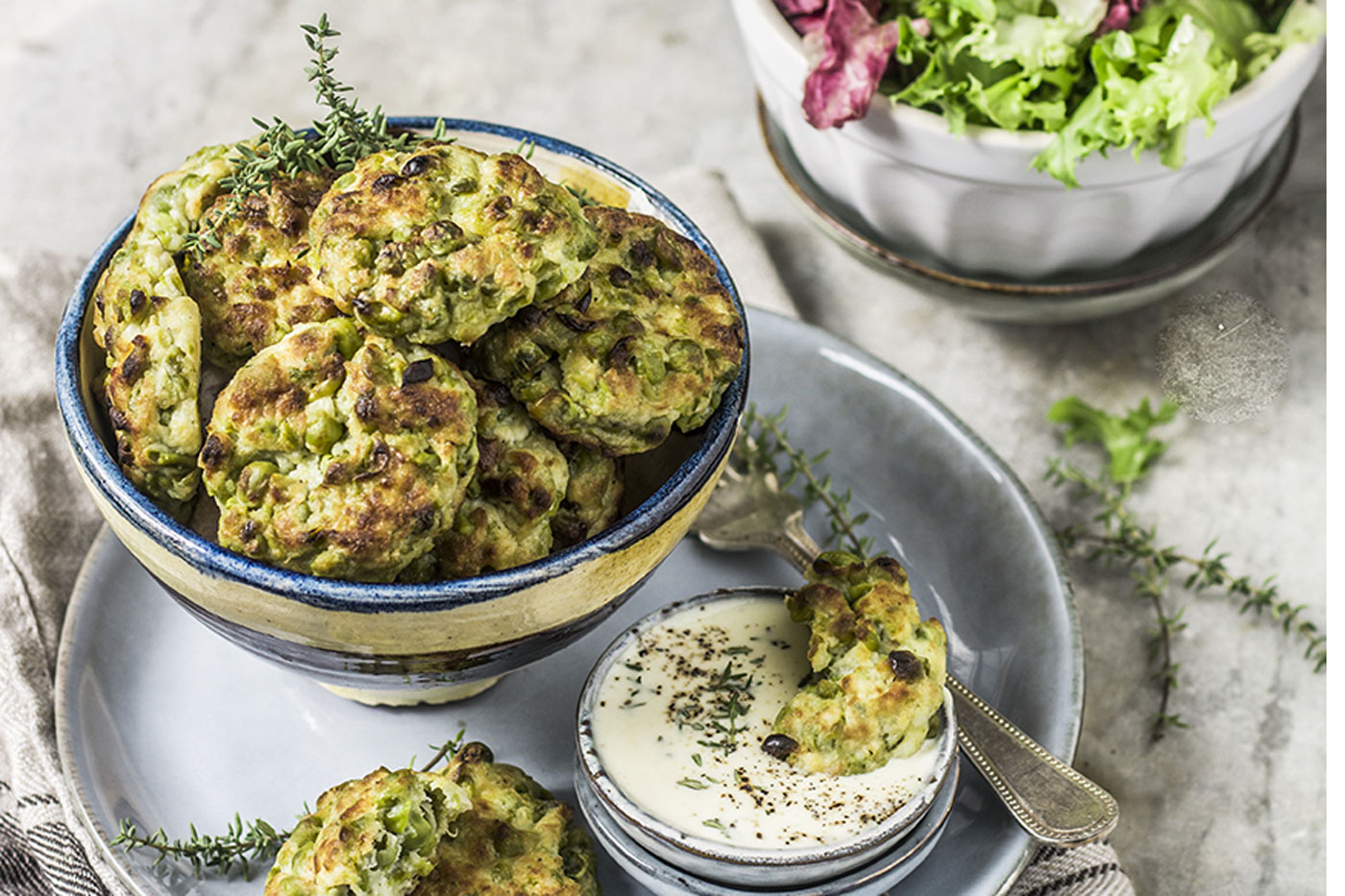 polpette di piselli, cipollotti e ricotta